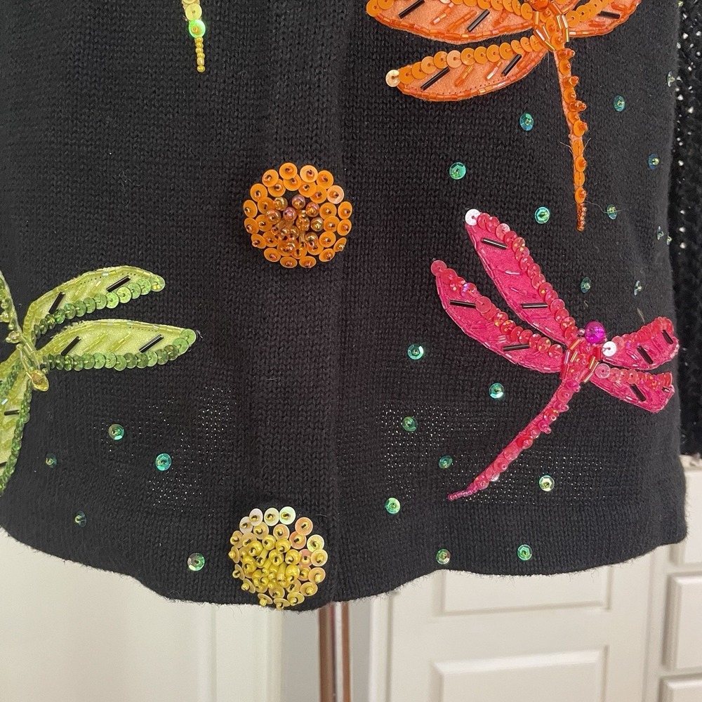 DESIGN OPTIONS Philip‎ & Jane Gordon Black Cardigan Sweater Sequin Dragonfly VTG - Picture 4 of 12